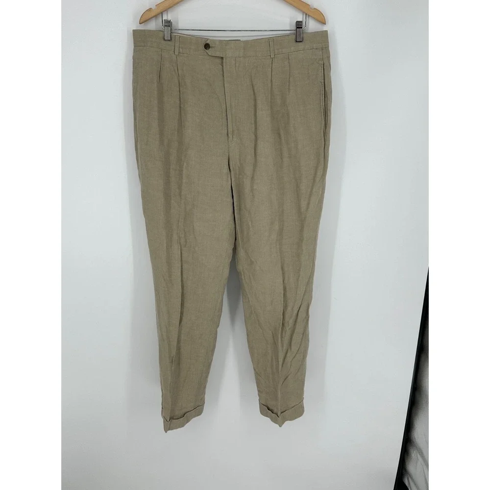 Ballin Relax 100% Linen Pants Men's Sz 38x30 Beige Pleated Cuffed R1
